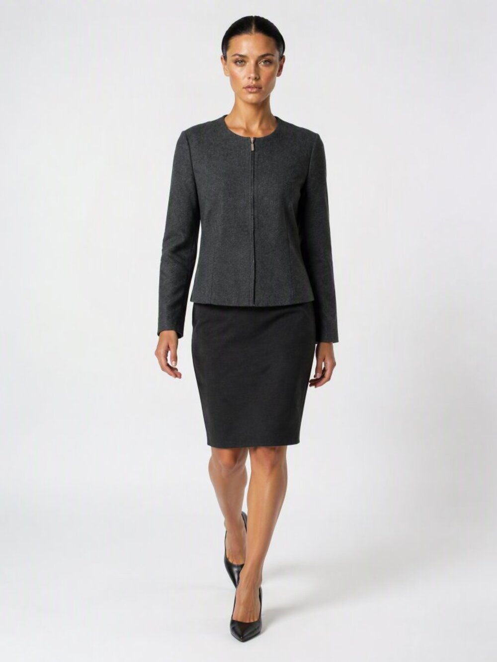 New Talbots Gray Black Herringbone Tweed Zip Front Suit Jacket 16
